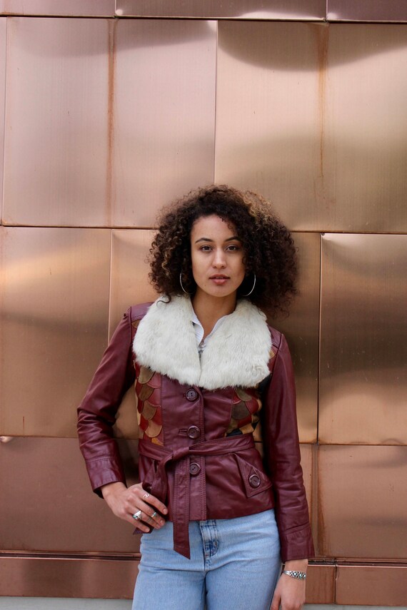 70s Patchwork Leather Jacket: Cropped Maroon Coat… - image 9