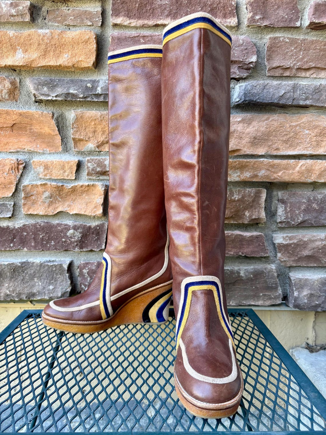 SOLD Vintage Emilio Pucci Leather Suede Wedge Boots, 70s Style Ziggy Stardust, Size 8, photo 2 sur 5