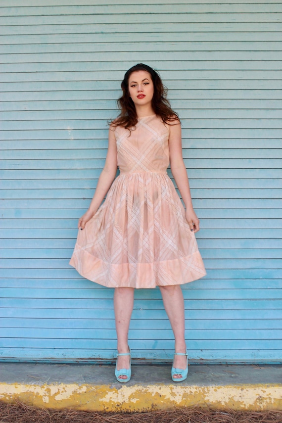 50s Checkered Pale Pink Dress/ L'Aiglon 50s Day D… - image 1