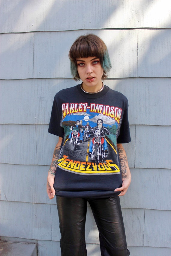 80s Women's Harley Davidson T-Shirt/ Black Beaded