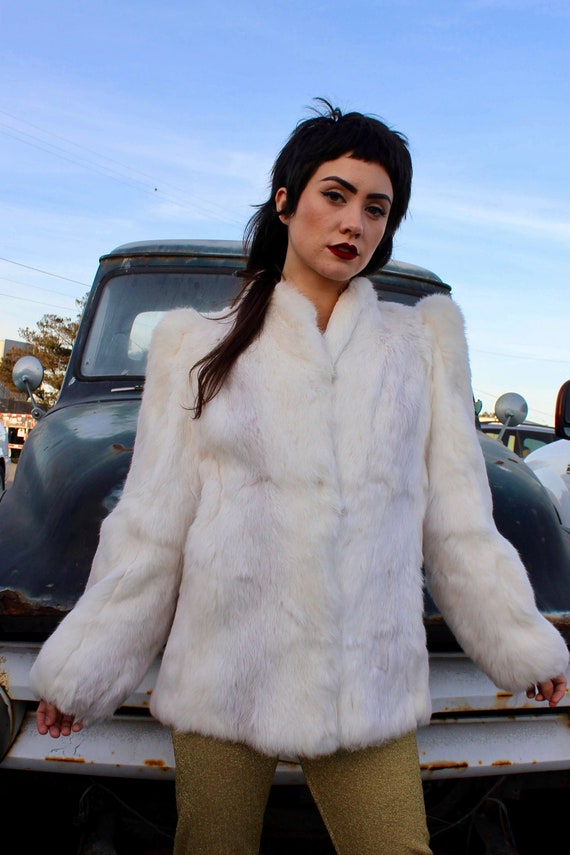Vintage 80s White Rabbit Fur Coat: Jutted Shoulders, Medium - Etsy