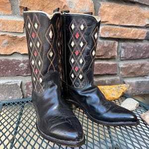 jaren 1950 stoffen tab Acme diamant inlegwerk cowboylaarzen / jaren 50 stoffen tabs dames / zwarte vintage Acme inlegwerk cowboylaarzen / gestikte cowboylaarzen / 6 1/2