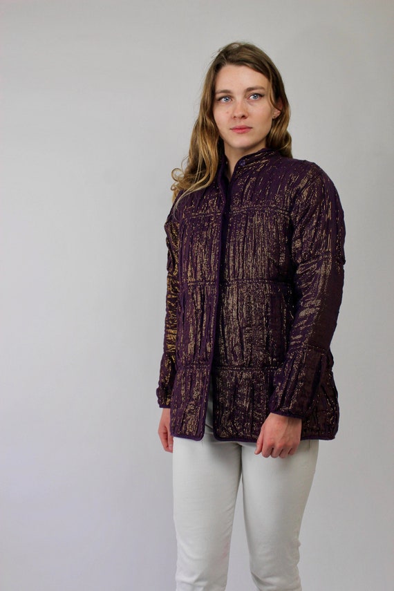 70s Purple and Gold Lurex Puffer Coat/ Button Up C