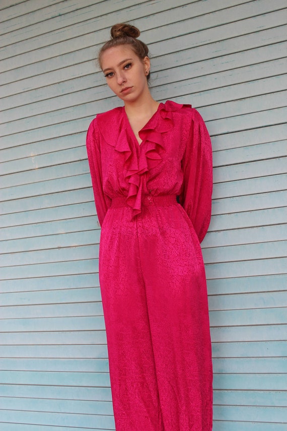 80s Silk Straight Leg Jumpsuit/ Hot Pink Jumpsuit… - image 8