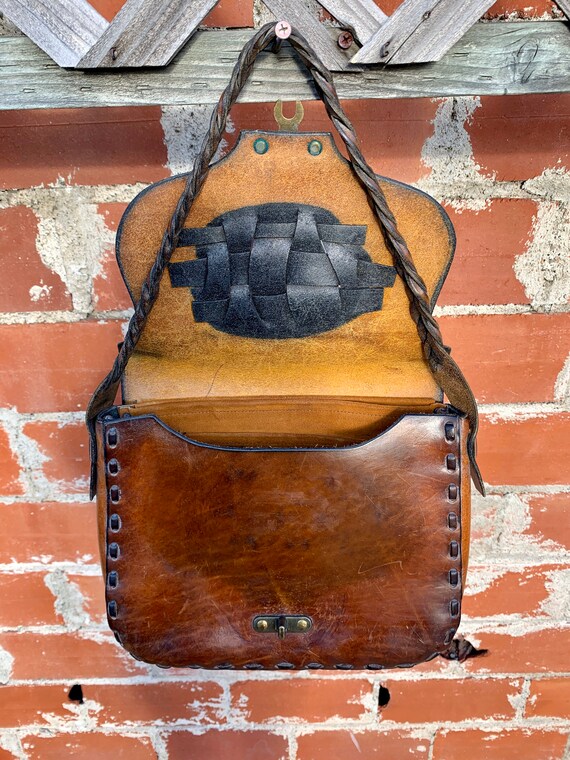 70s Leather Boho Purse/ Mexican Tooled Leather Pu… - image 7