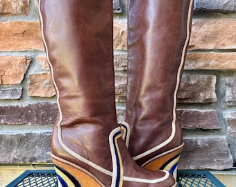 Vintage Emilio Pucci Leather Suede Wedge Boots, 70s Style Ziggy Stardust, Size 8