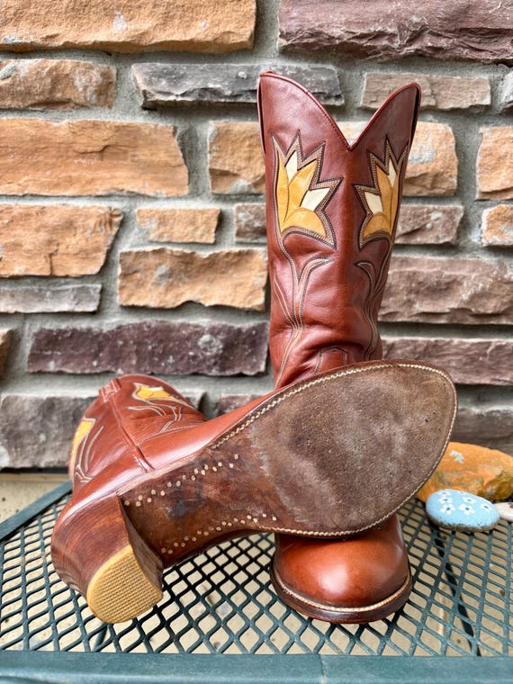 1970s Inlay Tulip Design Rust Dan Post Cowboy Boo… - image 14