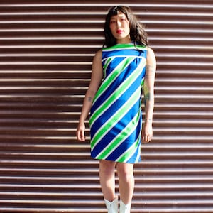 1960s Mod Mini Dress/ Green and Blue Striped Mini/ Side Button Details/ 60s Go Go Dress/ 60s Summer Dress/ Size Small/ Medium/