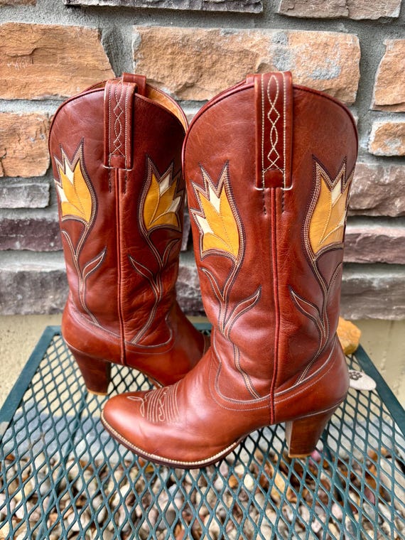 1970s Inlay Tulip Design Rust Dan Post Cowboy Boo… - image 16