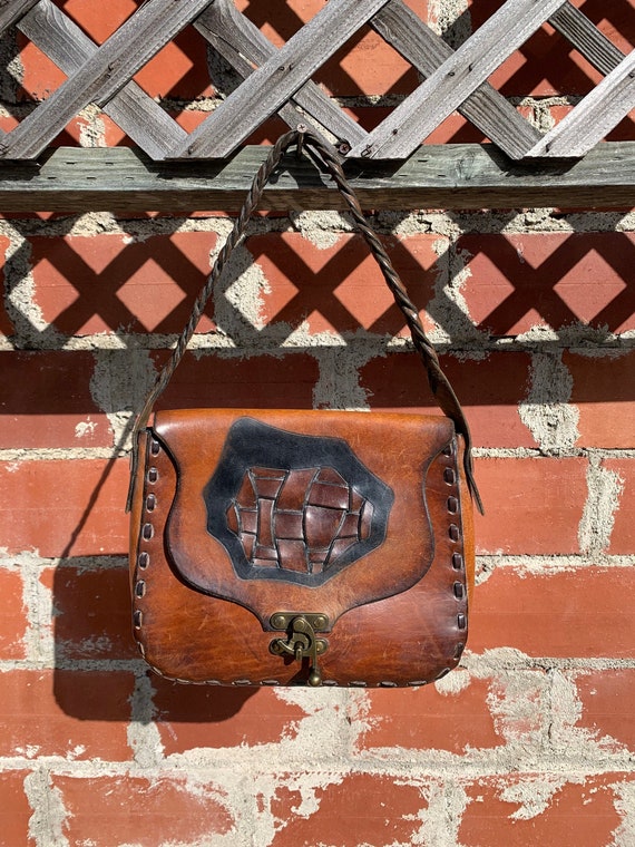 70s Leather Boho Purse/ Mexican Tooled Leather Pu… - image 2