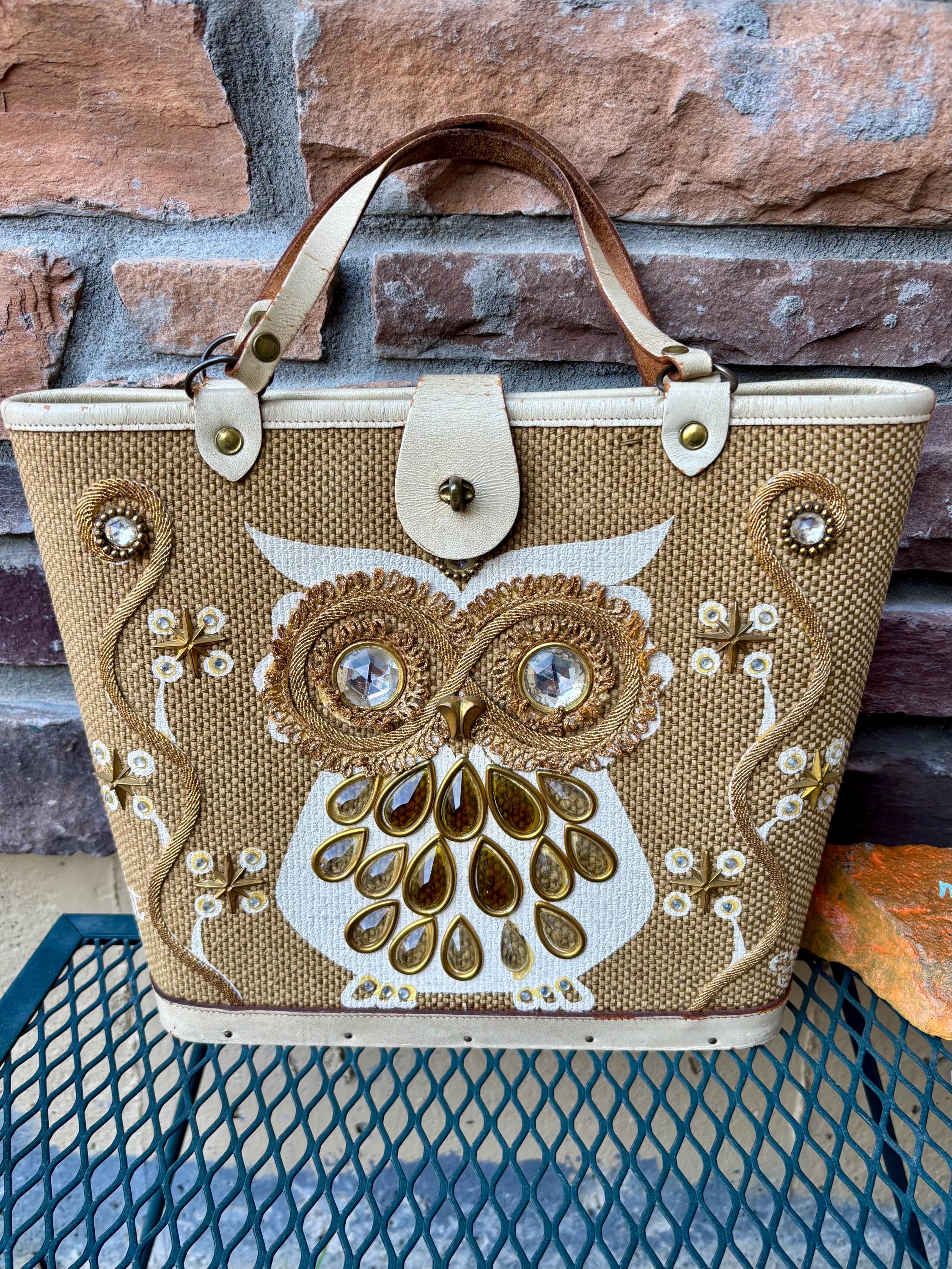 1960s Enid Collins &ldquo;Nite Owl&rdquo; Bejeweled Wood Purse