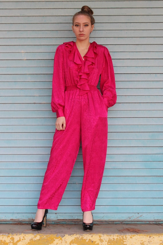 80s Silk Straight Leg Jumpsuit/ Hot Pink Jumpsuit… - image 5