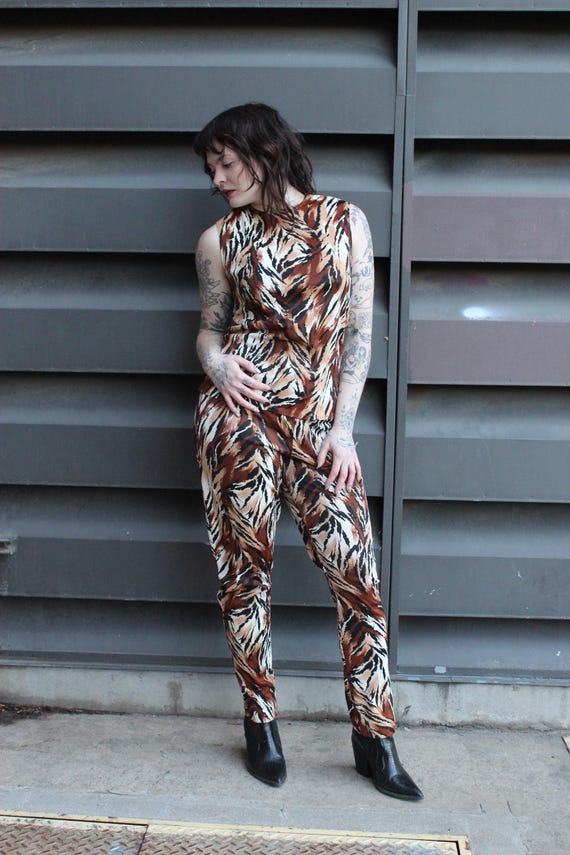 1960s Tiger Print Ciggerate Pants with a Matching Top: Vintage Animal Print Set, Size Small/ Medium