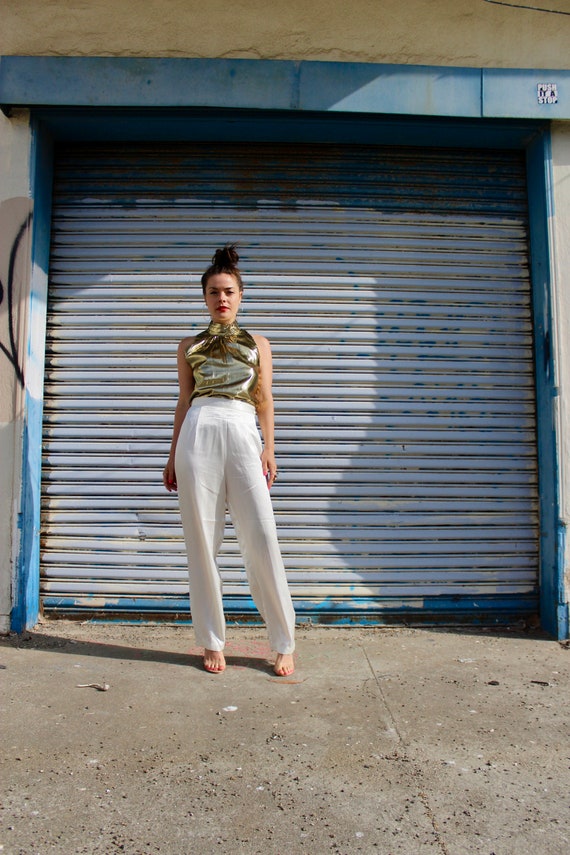 White Silk Pants/ Vintage High Waisted White Pants