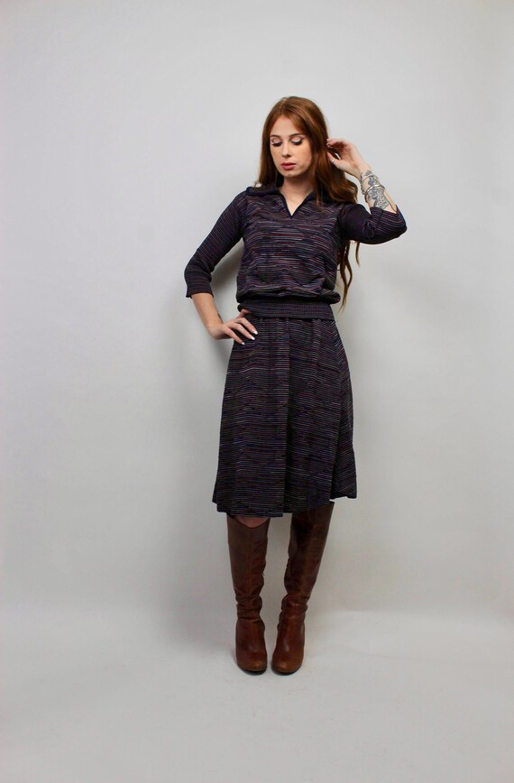 60s Two Piece Skirt Set/ Chevron Skirt/ Striped Ma