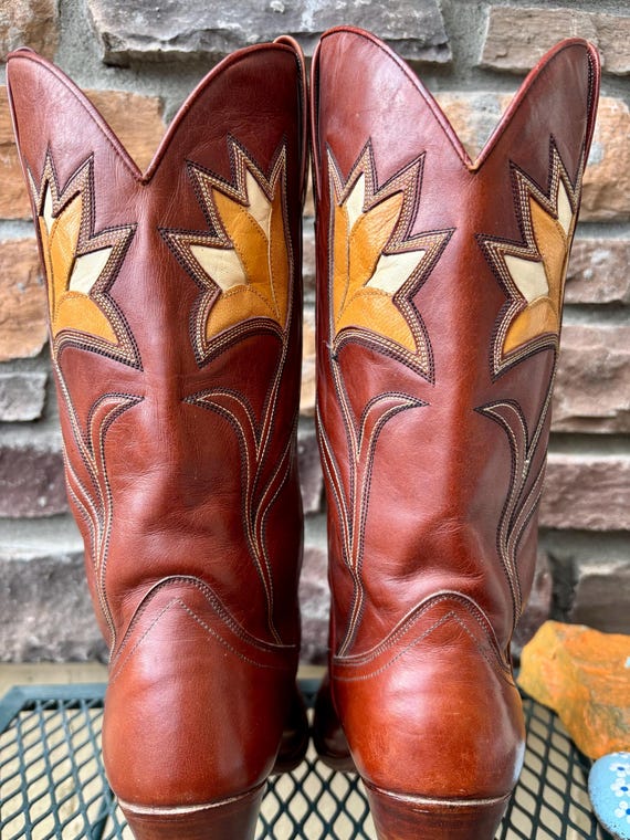 1970s Inlay Tulip Design Rust Dan Post Cowboy Boo… - image 13