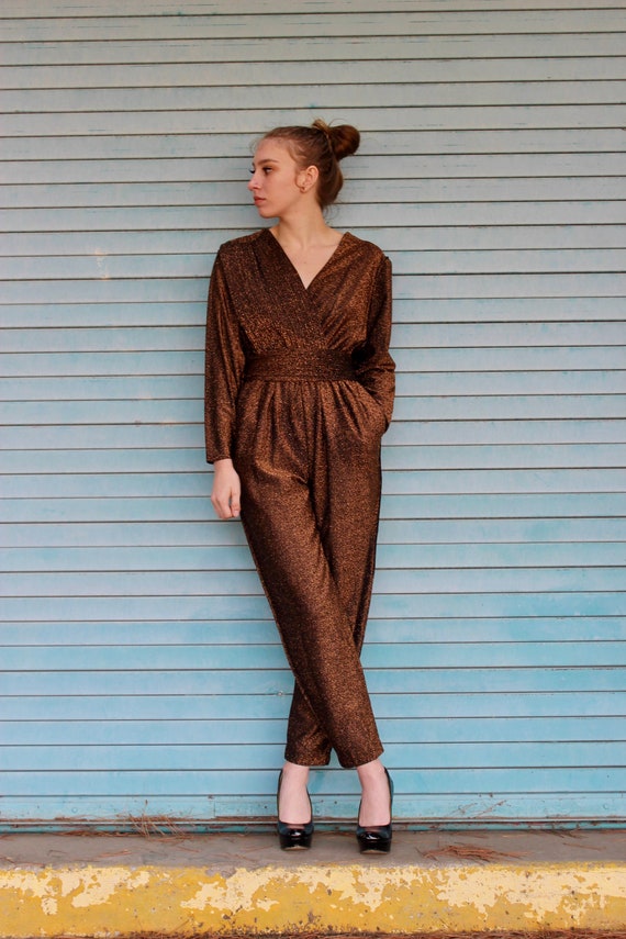 1980s Straight Leg Jumpsuit/ Brown Lurex Straight