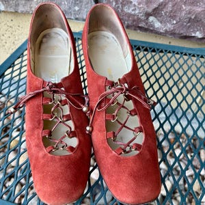 1960s Suede Mod Platform Shoes: Rust Brown Lace Up Mary Jane’s, Women's Size 7