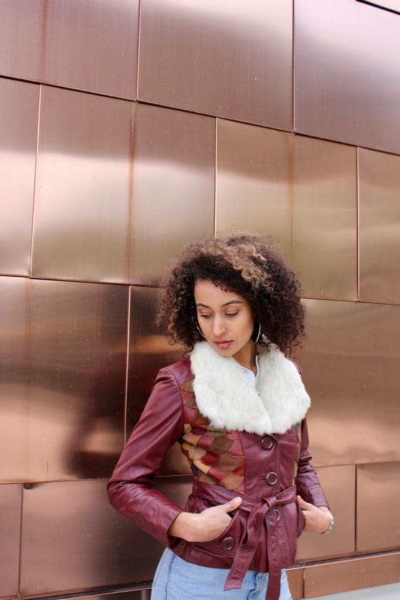 70s Patchwork Leather Jacket: Cropped Maroon Coat… - image 10