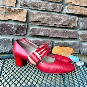 1960s Red Leather Buckle Shoes: 60s Mod Platform Shoes, Women's 7.5