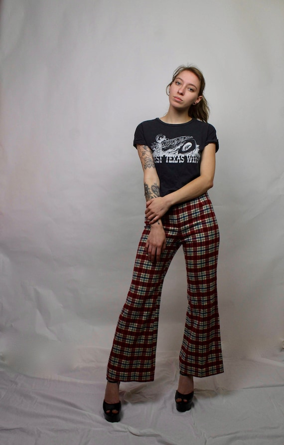 70s Red Checkered Bell Bottoms/ High Waisted Red W