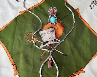 70s Unique Design Sterling Silver Turquoise Necklace and Ring Set
