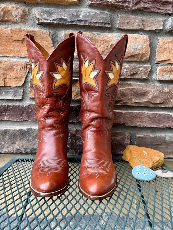 1970s Inlay Tulip Design Rust Dan Post Cowboy Boo… - image 17