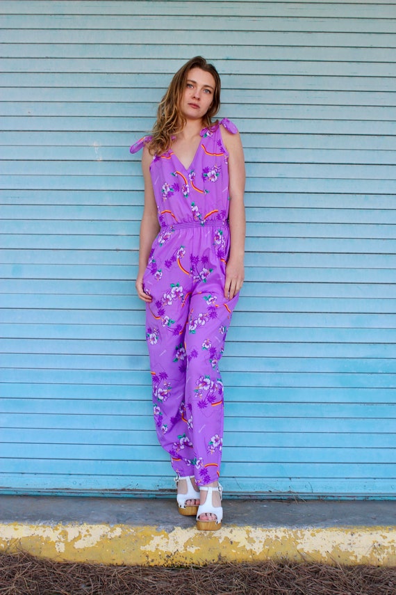 60s Hawaiian Print Jumpsuit/ All Over Flower and R