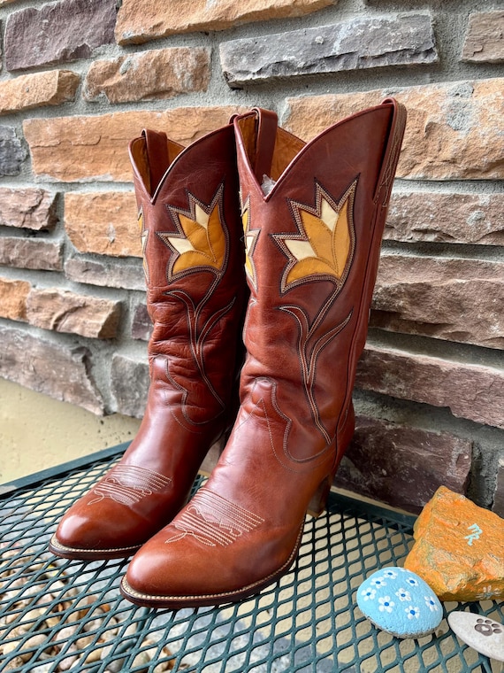 1970s Inlay Tulip Design Rust Dan Post Cowboy Boo… - image 9