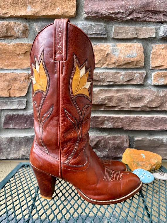 1970s Inlay Tulip Design Rust Dan Post Cowboy Boo… - image 5