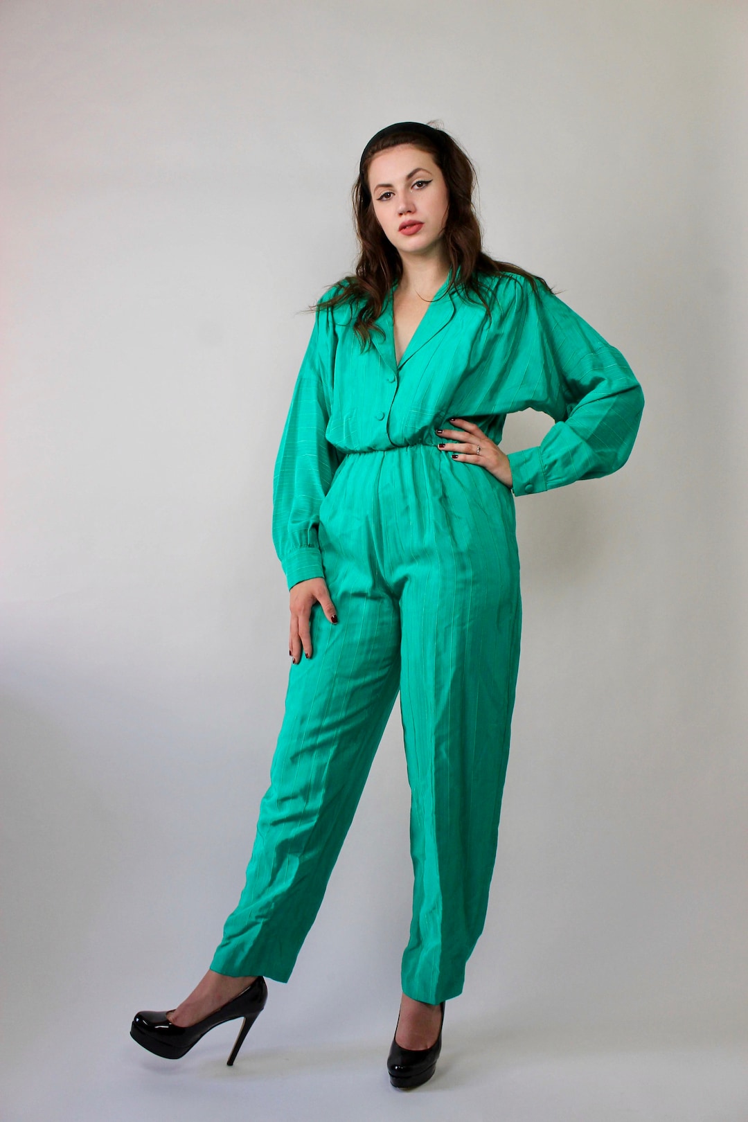 80s Green Silky Jumpsuit: Vintage Long Sleeve Button Up - Etsy