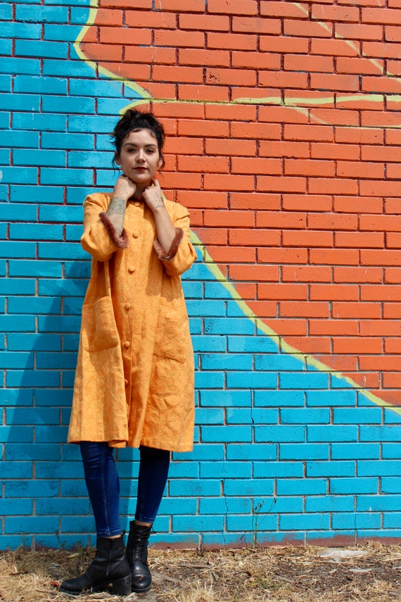 70s J. Magnin Orange Overcoat/ Flower Print Coat/