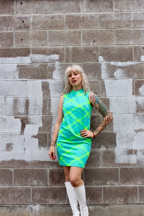 60s Mini Dress/ 60s Plaid Neon Mini Dress/ Go Go D