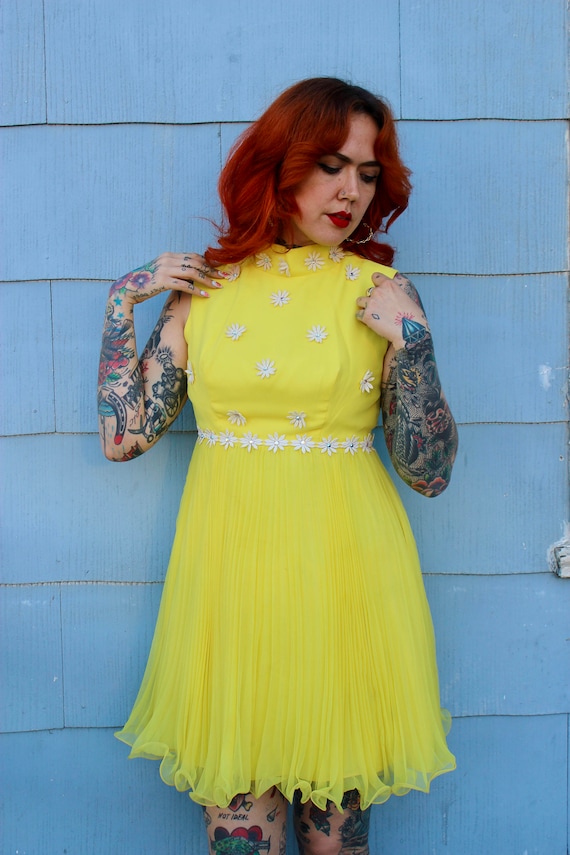 60's Yellow Chiffon Dress/ Yellow Mini Dress/ Yell