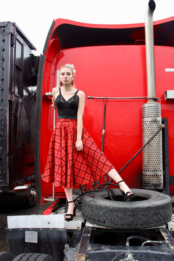 50s Circle Skirt/ Vintage Quilted Skirt/ Black Vel