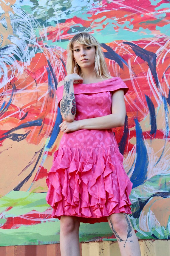 80s Pink Silk Cheetah Print Dress/ Leopard Print D