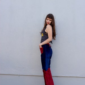 Vintage Velvet Bell Bottoms/ 70s Bell Bottoms/ Velvet Bell Bottoms/ Blue Bell Bottoms/ Red Bell Bottoms/ Crushed Velvet/ High Waisted Bells