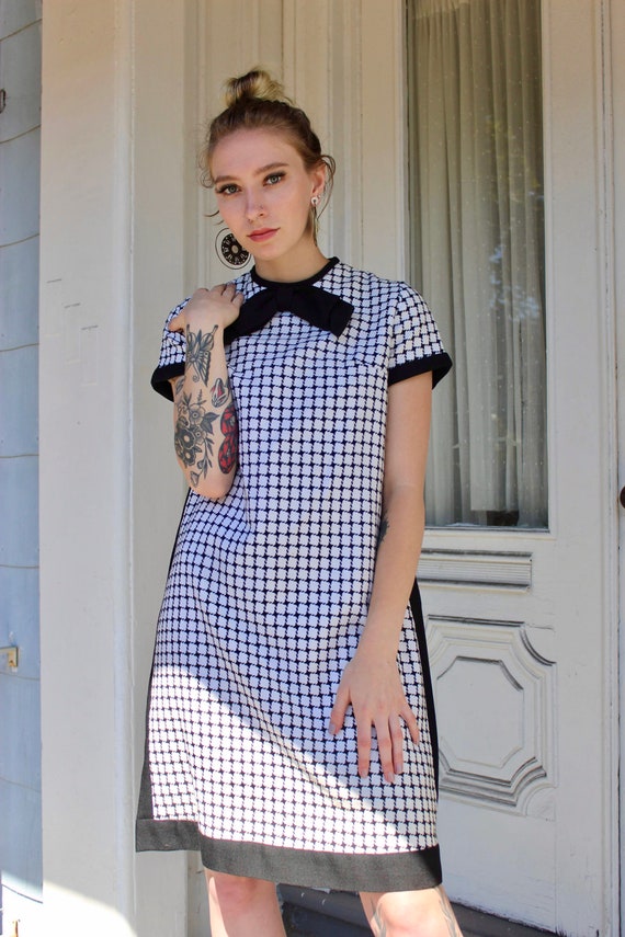 60s Checkered Shift Dress/ Black and White Checker