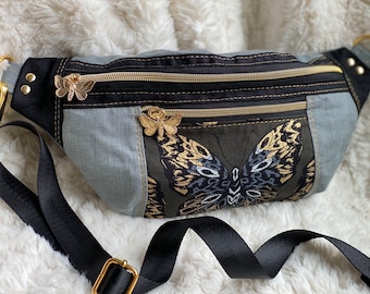 Linen, Butterfly, neutral modern lightweight fanny pack, waist bag, sling bag, or Festival Bag-Size Medium