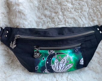 Linen, Moon and Crystal, modern lightweight fanny pack, waist bag, sling bag, or Festival Bag-Size Medium