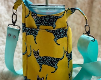 Drink Sling, H2O2go, water carrier, cross body, Bengal Cat, yellow and blue, with slip pocket