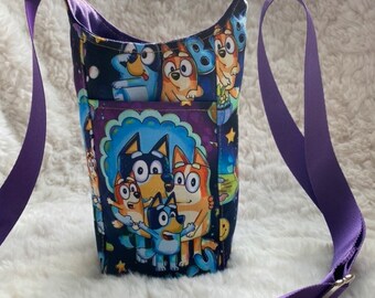 Custom Made to Order Drink Sling,Handmade, H2O2go, water carrier, Blue dog inspired, Heeler, with slip pocket, child/ kid size