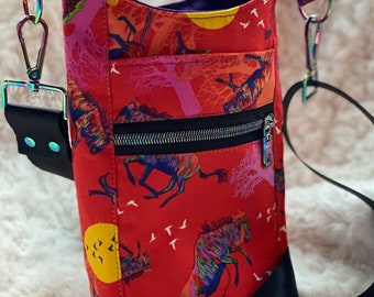 Drink Sling, H2O2go, water carrier, red, purple, water buffaloes, sun, with zipper pocket