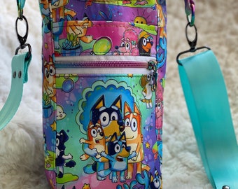 Custom Made to Order Drink Sling, H2O2go, water carrier, Blue dog inspired, Heeler, with zipper pocket