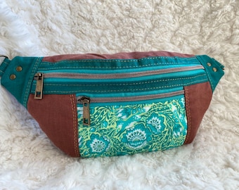 Handmade Tula Pink, Out Foxed, Linen, modern lightweight fanny pack, waist bag, sling bag, or Festival Bag - Size Medium
