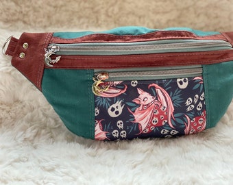 Bat holding heart, sweet and spooky, modern lightweight fanny pack, waist bag, sling bag, or Festival Bag-Size Medium