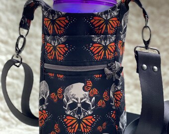 Drink Sling, H2O2go, water carrier, skull, monarch butterfly, orange and black, with zipper pocket
