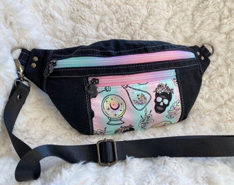 Handmade Pastel Goth, Skull, Anatomical Heart, Crystal Ball, lightweight fanny pack, waist bag, sling bag, or Festival Bag-Size Medium