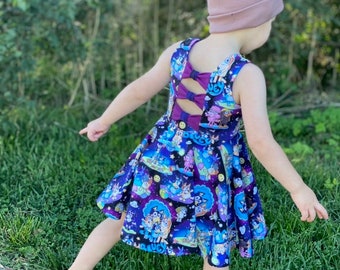 Twirling Bow Back Blue Healer Dog Dress, two color options