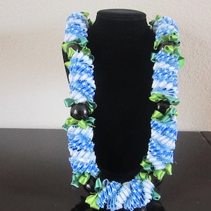 Deluxe Cigar Hawaiian Satin Ribbon Lei in orange, blue , white and silver for graduations and all special occasions